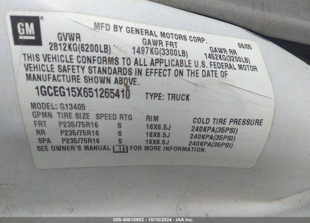 2005 CHEVROLET EXPRESS VIN: 1GCEG15X651265410