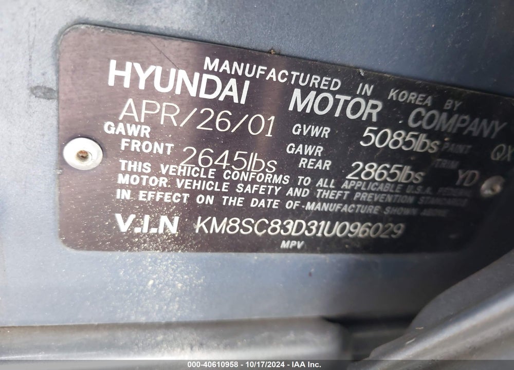 2001 HYUNDAI SANTA FE 2.7L V6 GLS/2.7L V6 LX VIN: KM8SC83D31U096029