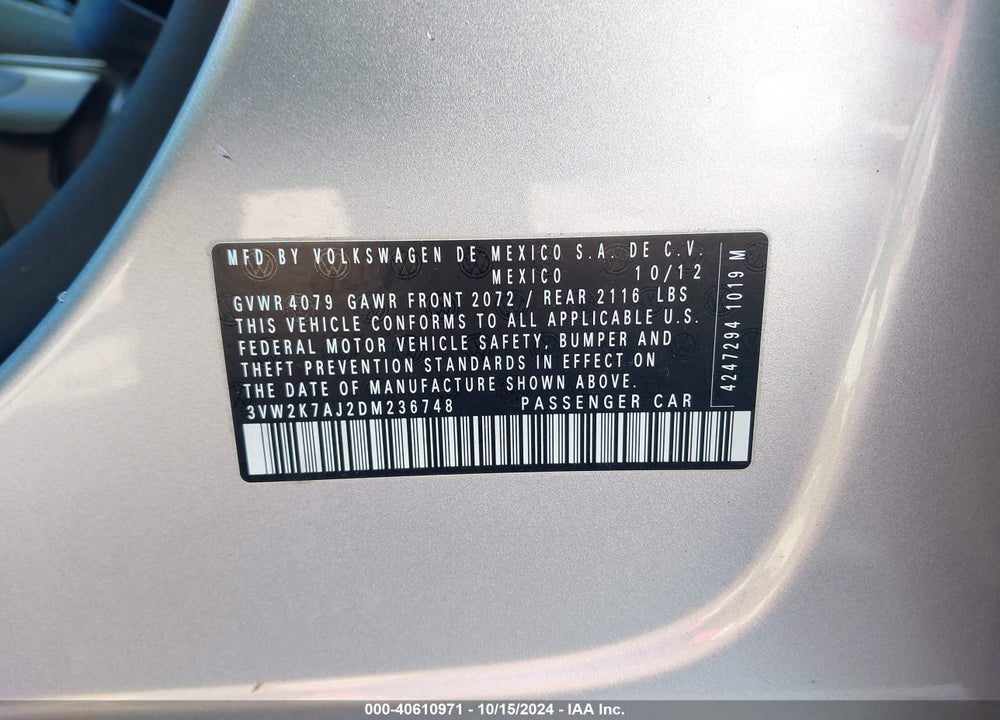 2013 VOLKSWAGEN JETTA 2.0L S VIN: 3VW2K7AJ2DM236748