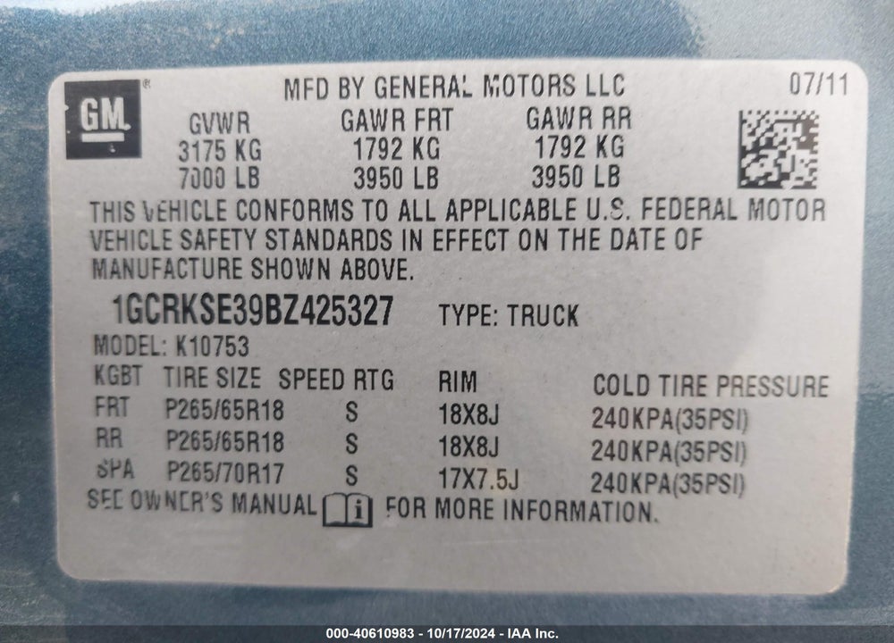 2011 CHEVROLET SILVERADO 1500 LT VIN: 1GCRKSE39BZ425327