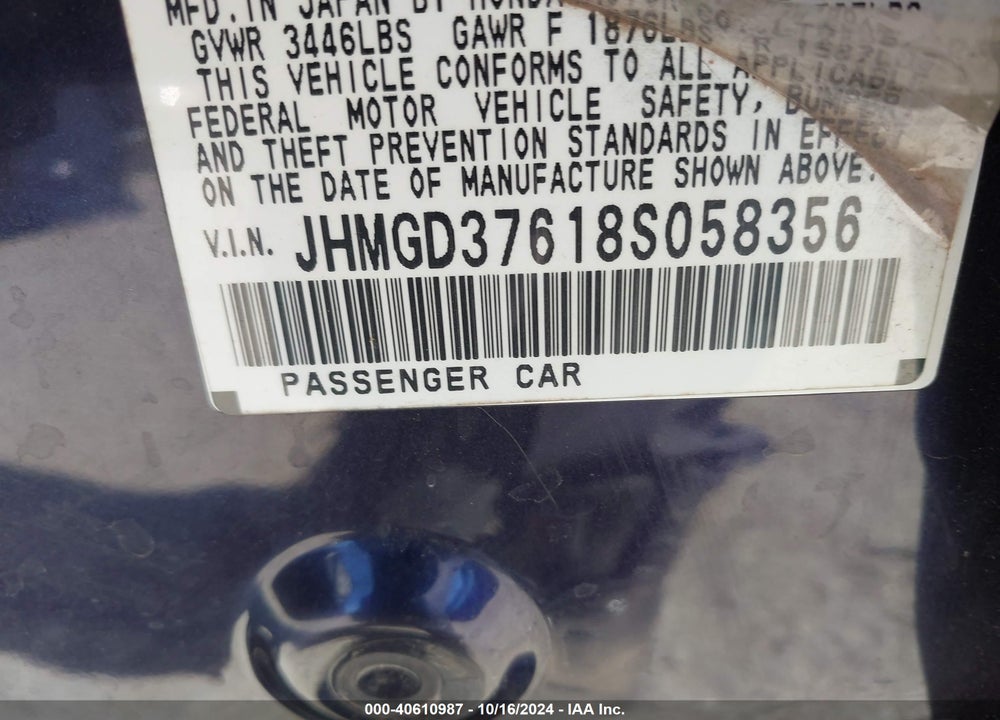 2008 HONDA FIT SPORT VIN: JHMGD37618S058356