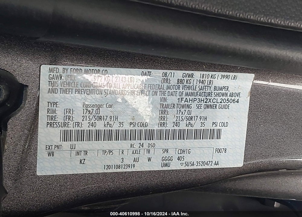 2012 FORD FOCUS SEL VIN: 1FAHP3H2XCL205064