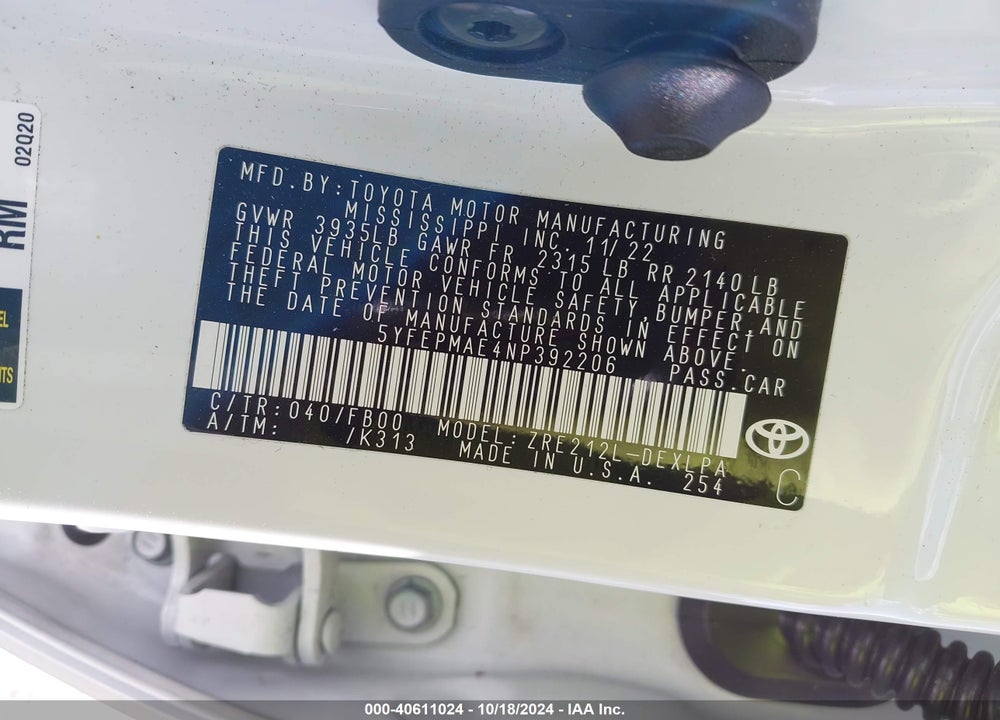 2022 TOYOTA COROLLA VIN: 5YFEPMAE4NP392206