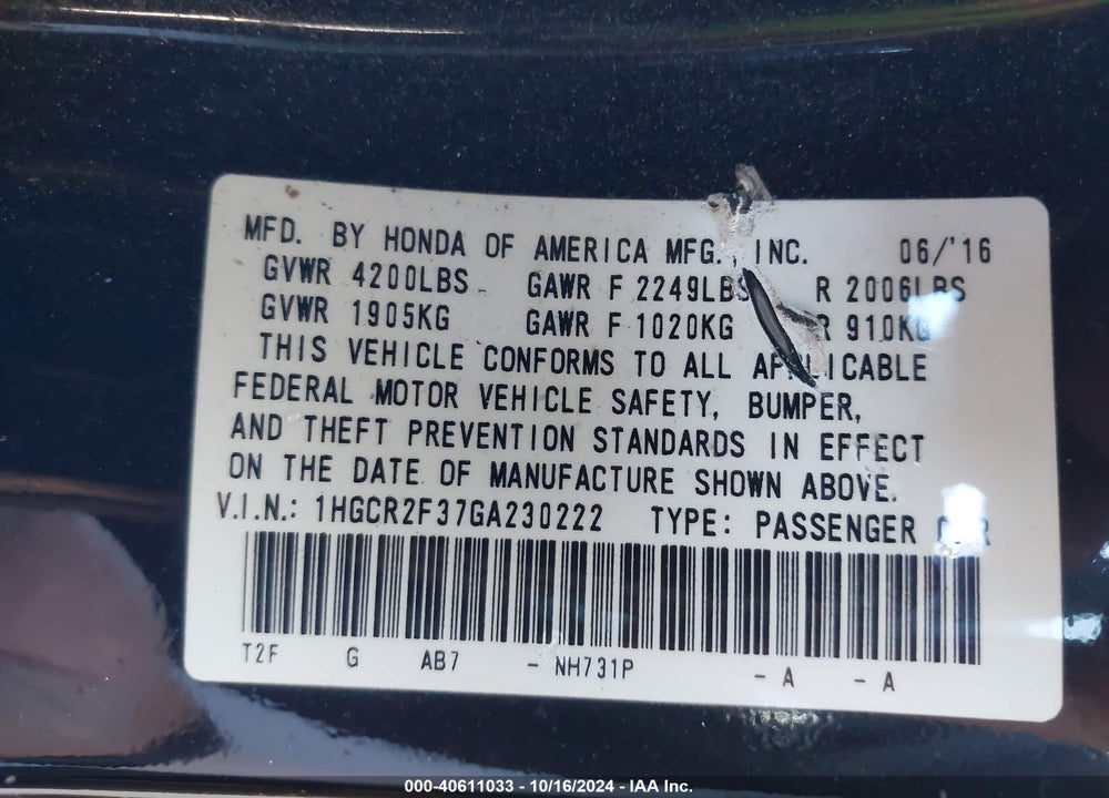 2016 HONDA ACCORD LX VIN: 1HGCR2F37GA230222