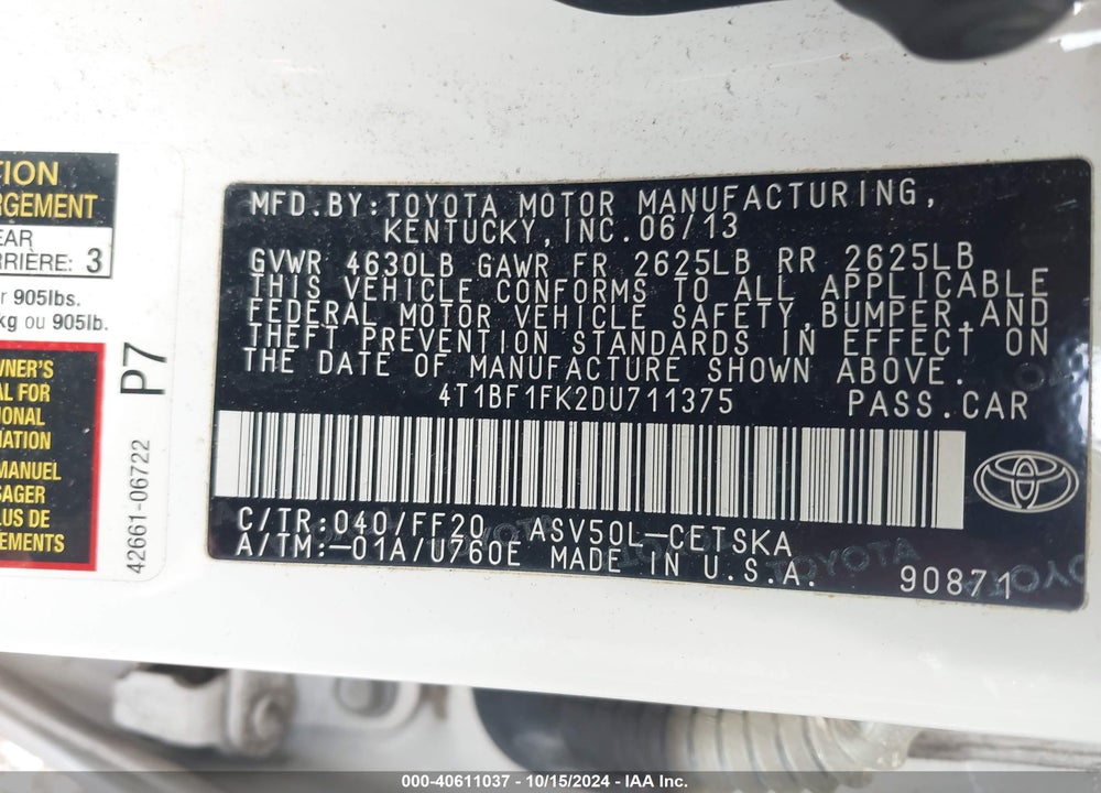 2013 TOYOTA CAMRY SE VIN: 4T1BF1FK2DU711375
