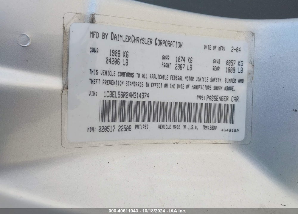 2004 CHRYSLER SEBRING LXI VIN: 1C3EL56R24N314374