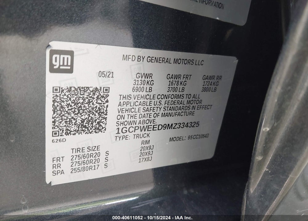 2021 CHEVROLET SILVERADO C1500 LTZ VIN: 1GCPWEED9MZ334325