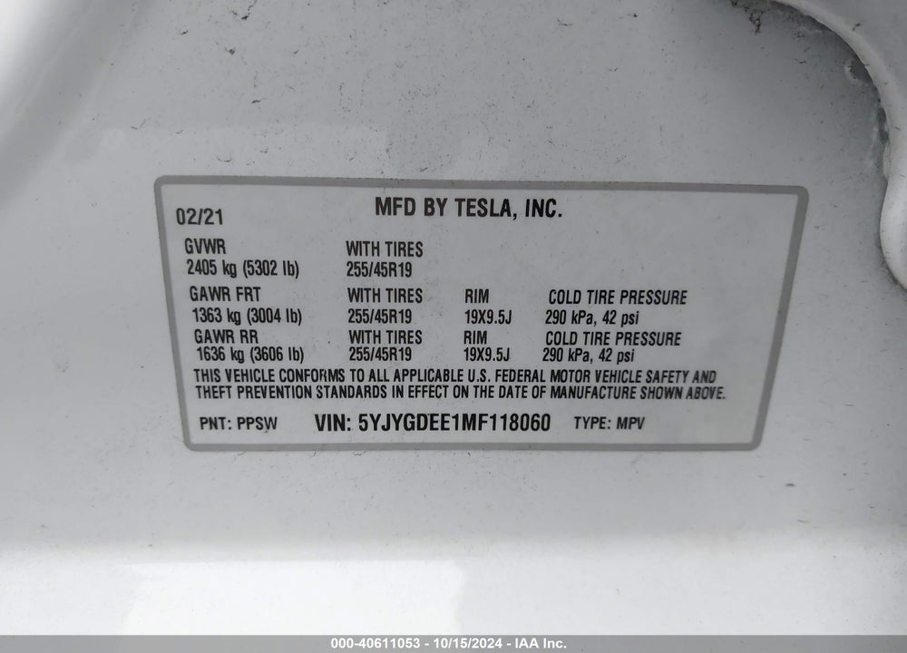 2021 TESLA MODEL Y LONG RANGE DUAL MOTOR ALL-WHEEL DRIVE VIN: 5YJYGDEE1MF118060