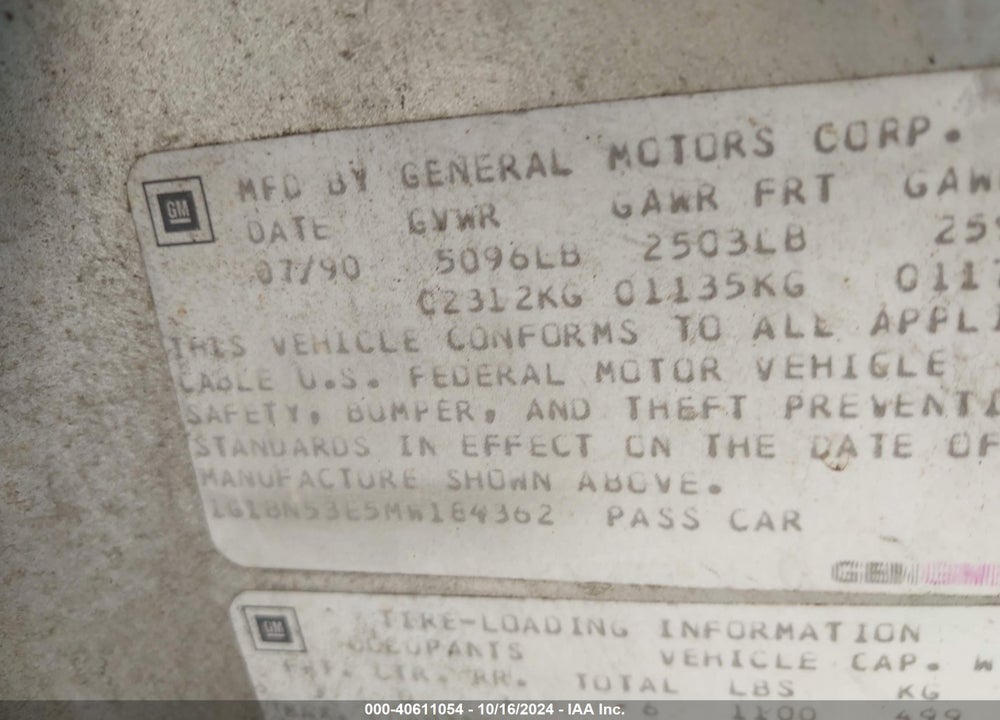 1991 CHEVROLET CAPRICE CLASSIC LTZ VIN: 1G1BN53E5MW184362