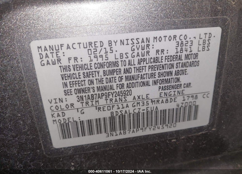 2015 NISSAN SENTRA S VIN: 3N1AB7AP9FY245920