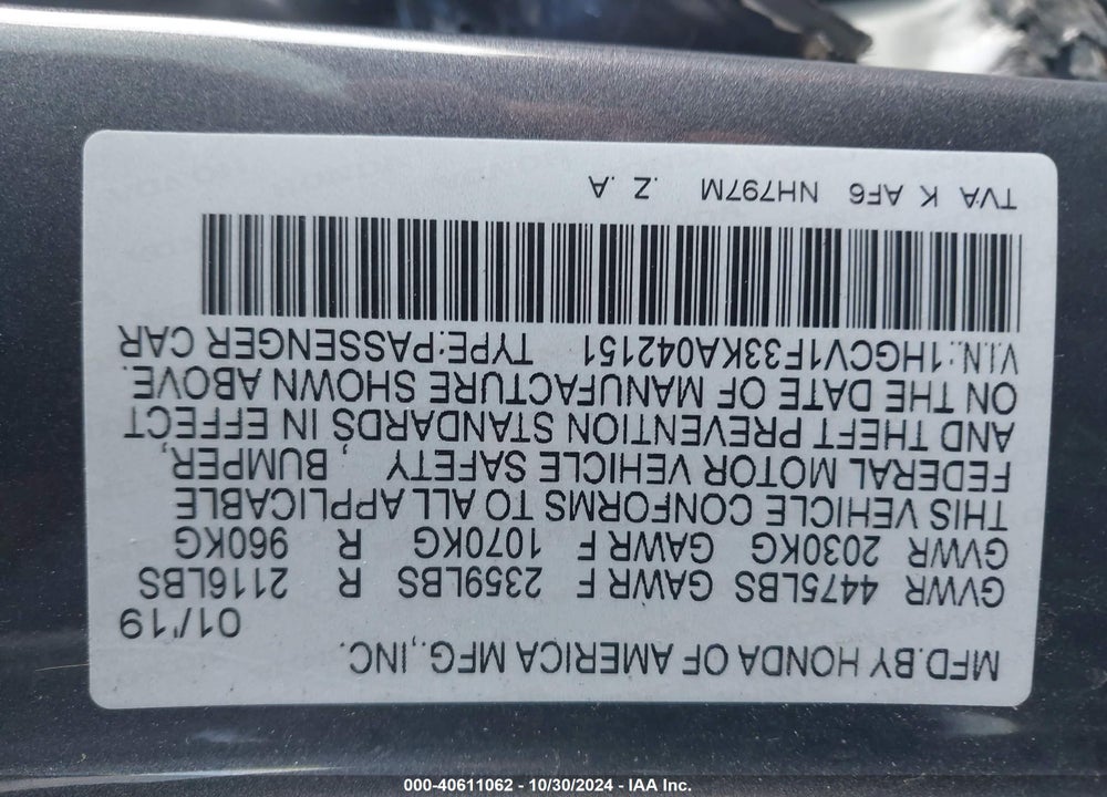 2019 HONDA ACCORD SPORT VIN: 1HGCV1F33KA042151
