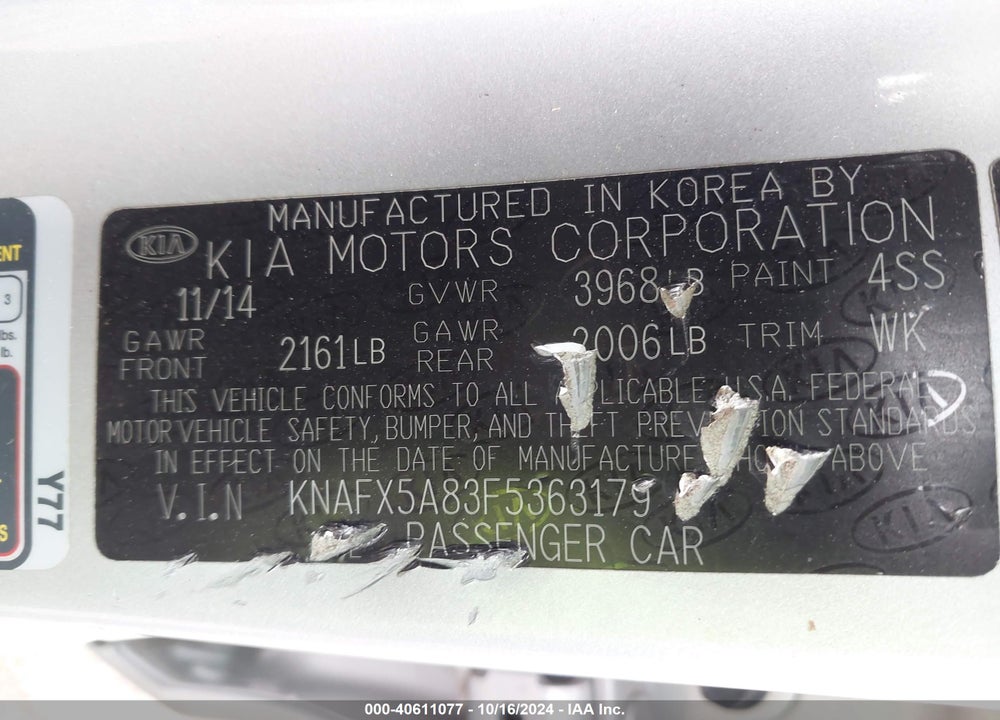 2015 KIA FORTE EX VIN: KNAFX5A83F5363179