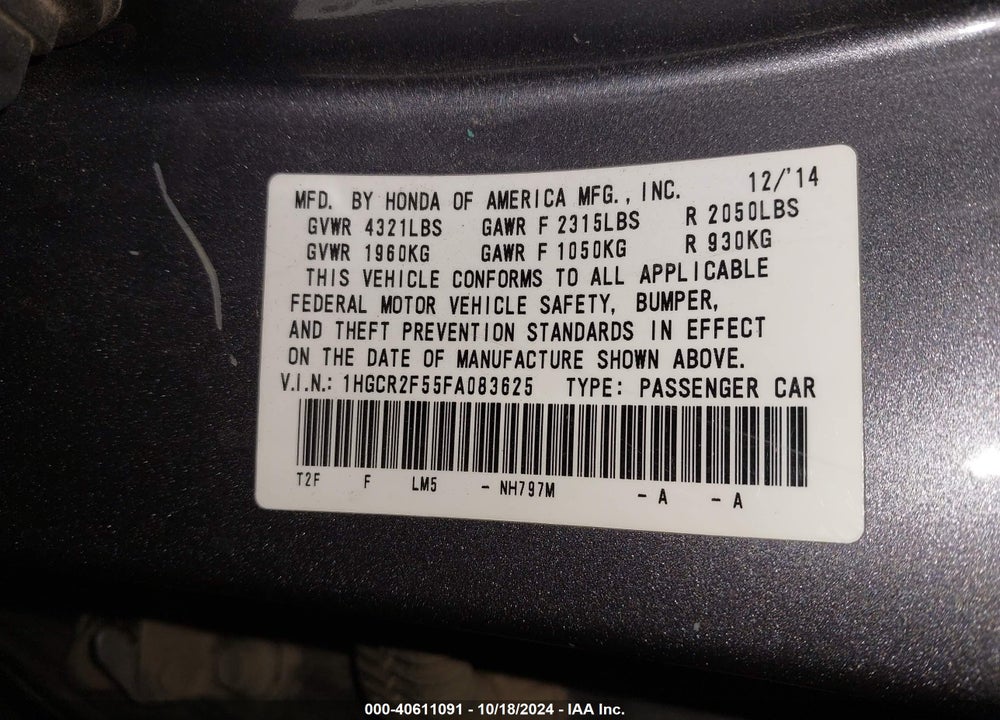 2015 HONDA ACCORD SPORT VIN: 1HGCR2F55FA083625