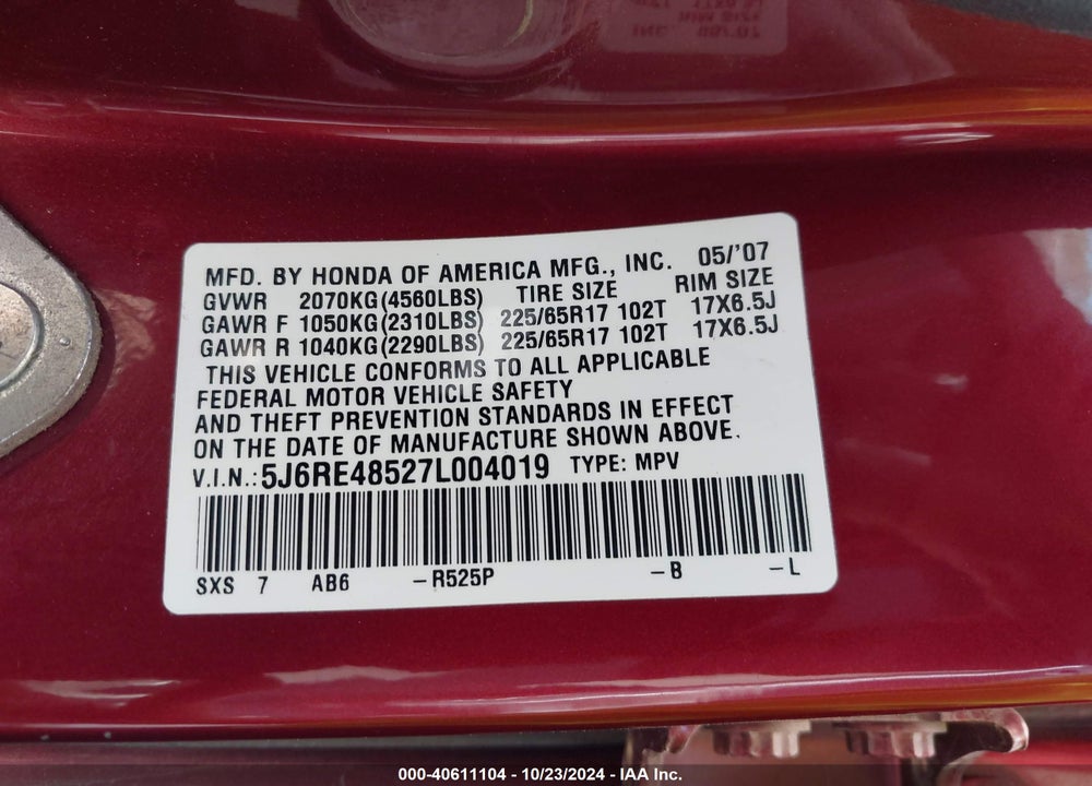 2007 HONDA CR-V EX VIN: 5J6RE48527L004019