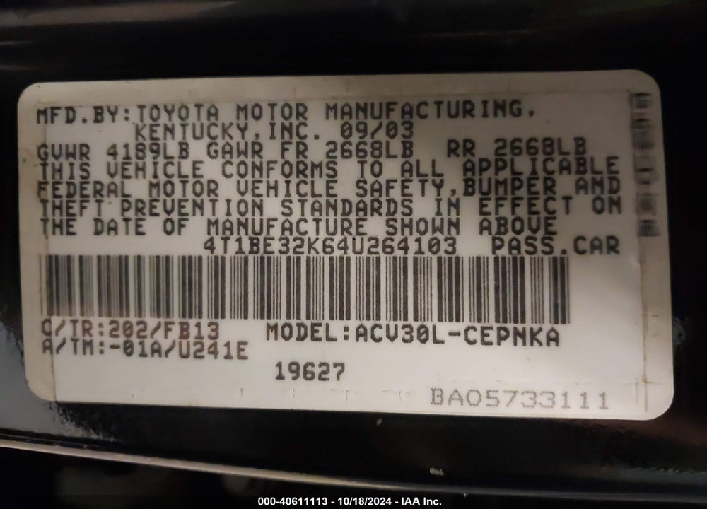 2004 TOYOTA CAMRY LE VIN: 4T1BE32K64U264103