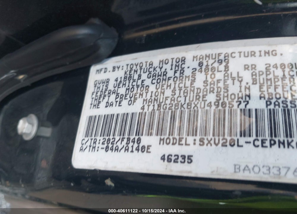 1999 TOYOTA CAMRY LE VIN: 4T1BG28K8XU490577