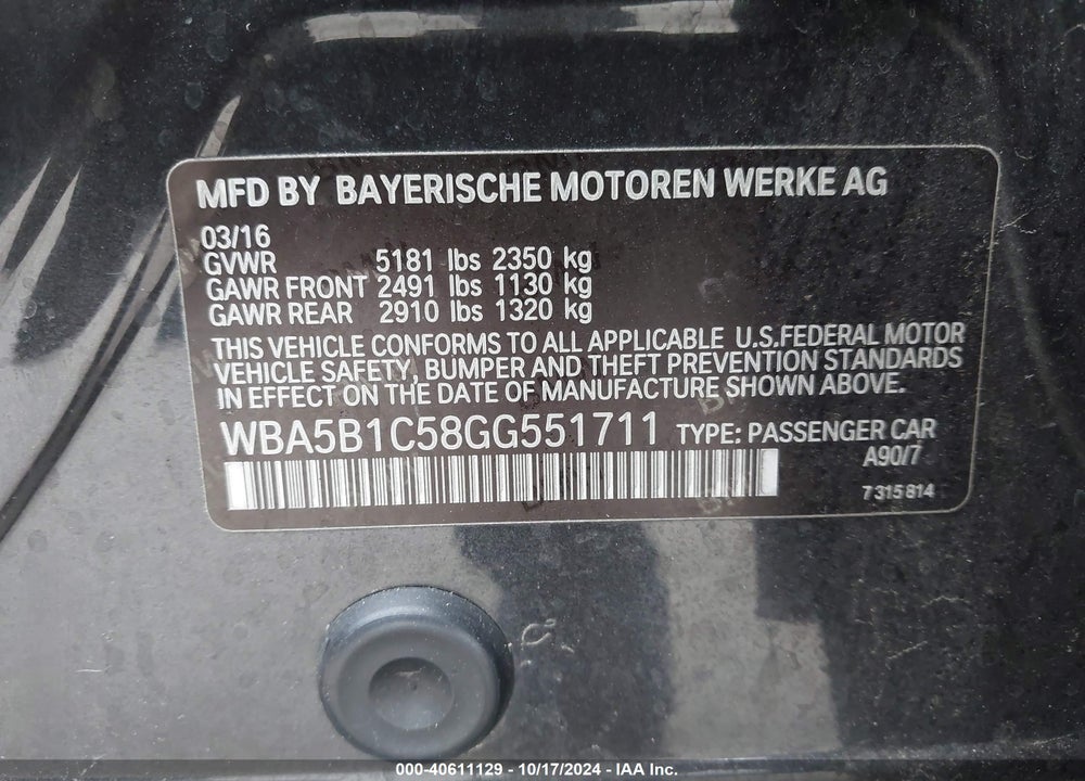 2016 BMW 535I VIN: WBA5B1C58GG551711