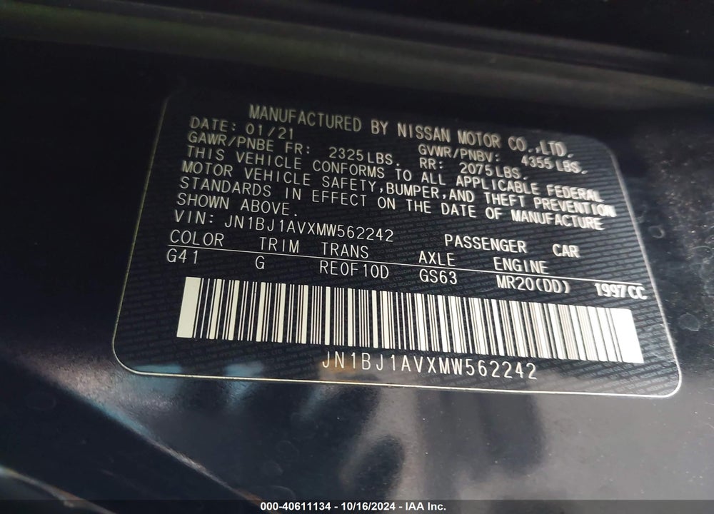 2021 NISSAN ROGUE SPORT S FWD XTRONIC CVT VIN: JN1BJ1AVXMW562242