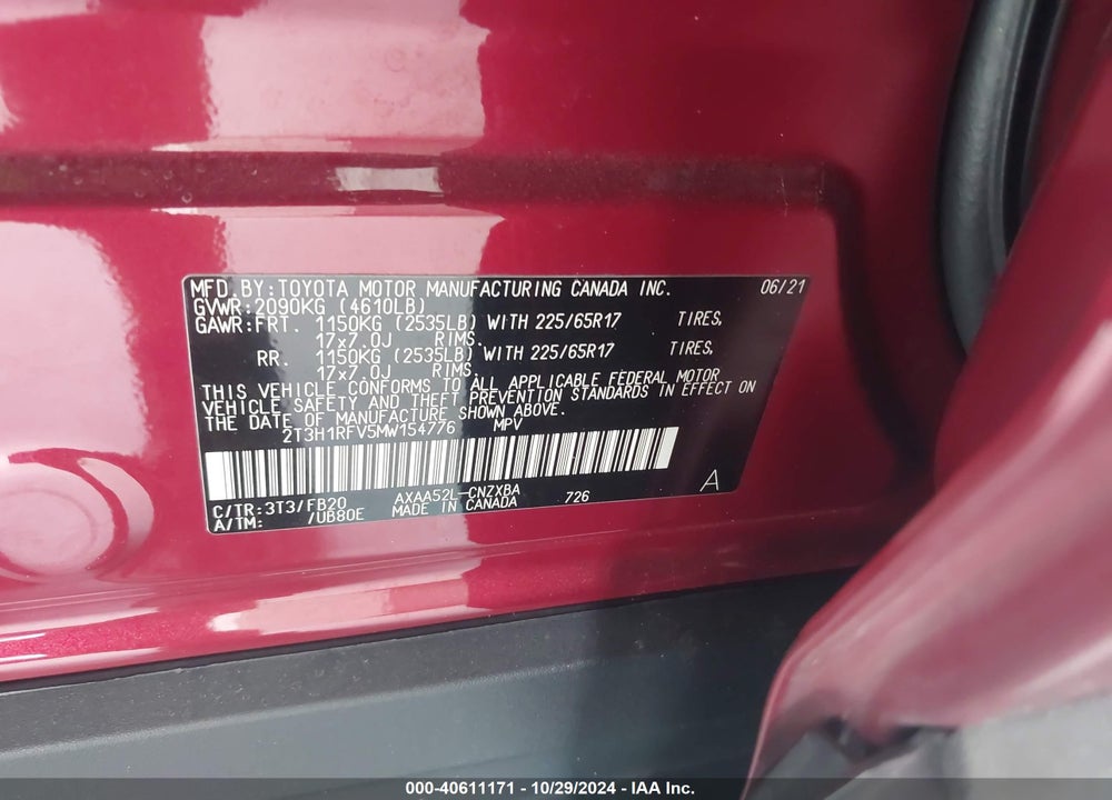 2021 TOYOTA RAV4 LE VIN: 2T3H1RFV5MW154776