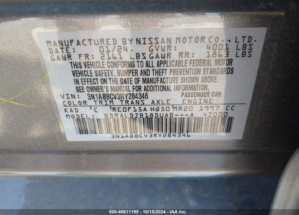 2024 NISSAN SENTRA SV XTRONIC CVT VIN: 3N1AB8CV3RY284346
