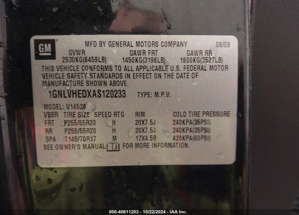 2010 CHEVROLET TRAVERSE LTZ VIN: 1GNLVHEDXAS120233