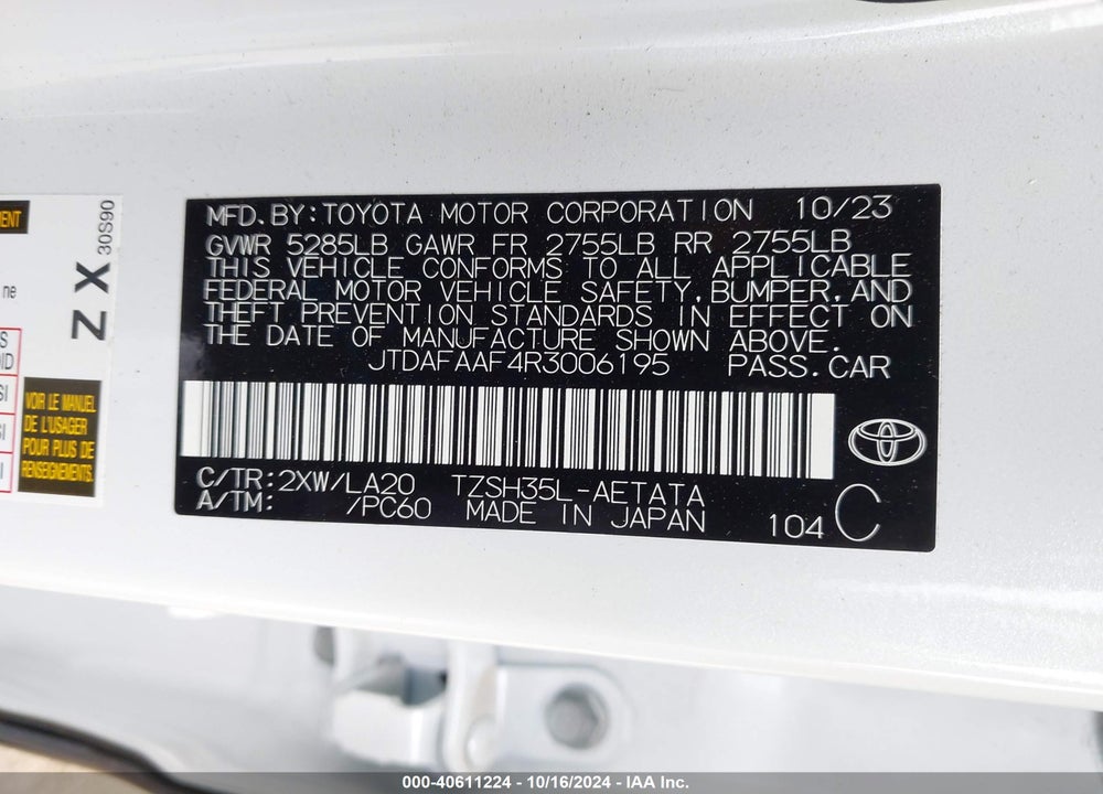 2024 TOYOTA CROWN PLATINUM VIN: JTDAFAAF4R3006195