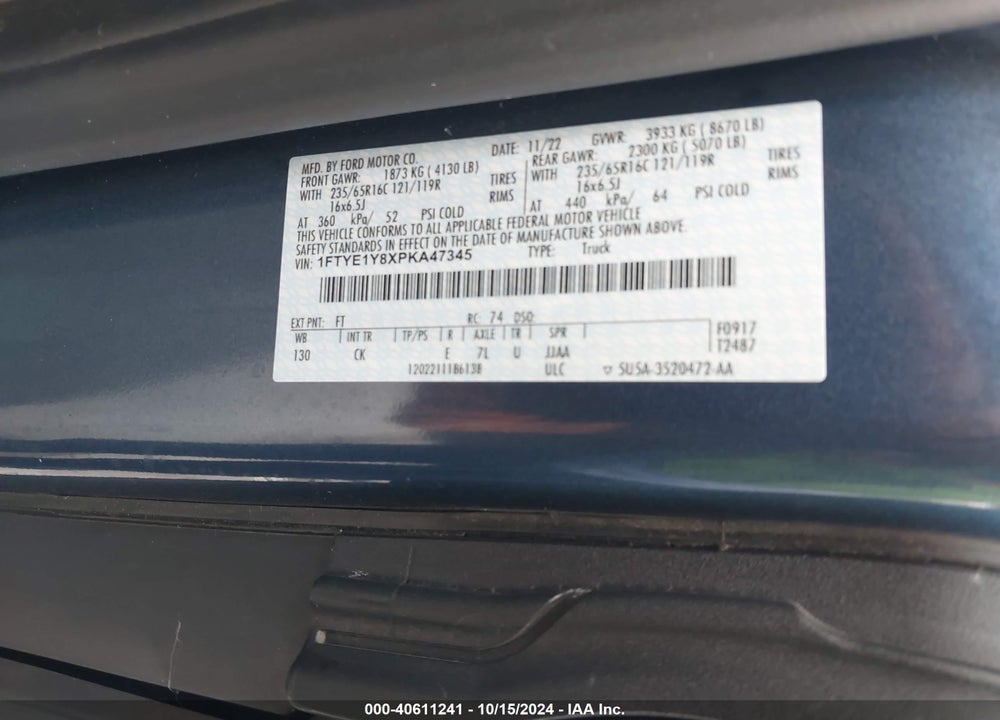 2023 FORD TRANSIT-150 CARGO VAN VIN: 1FTYE1Y8XPKA47345
