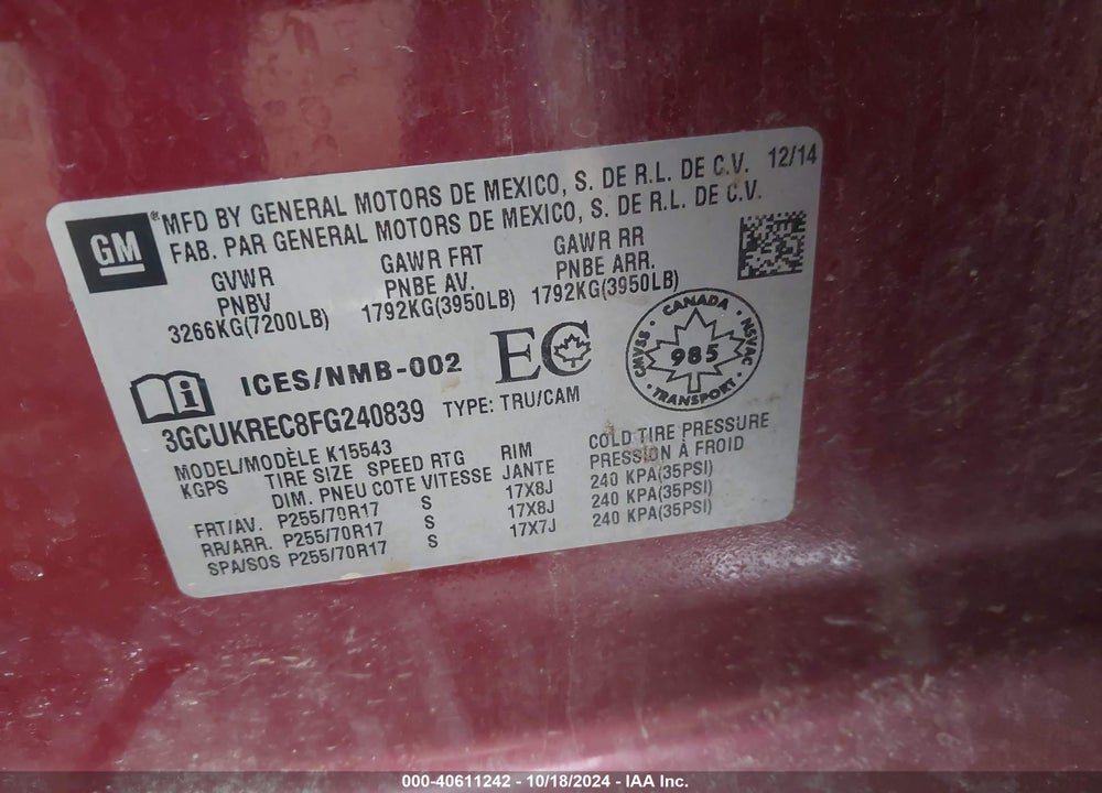 2015 CHEVROLET SILVERADO 1500 1LT/2LT VIN: 3GCUKREC8FG240839