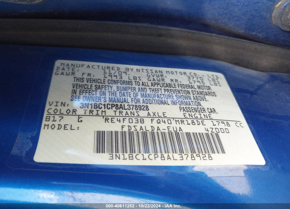 2010 NISSAN VERSA 1.8S VIN: 3N1BC1CP8AL378928