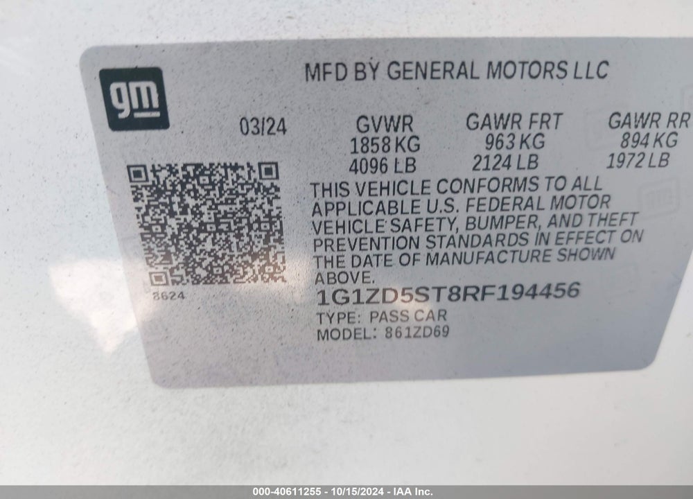 2024 CHEVROLET MALIBU FWD 1LT VIN: 1G1ZD5ST8RF194456
