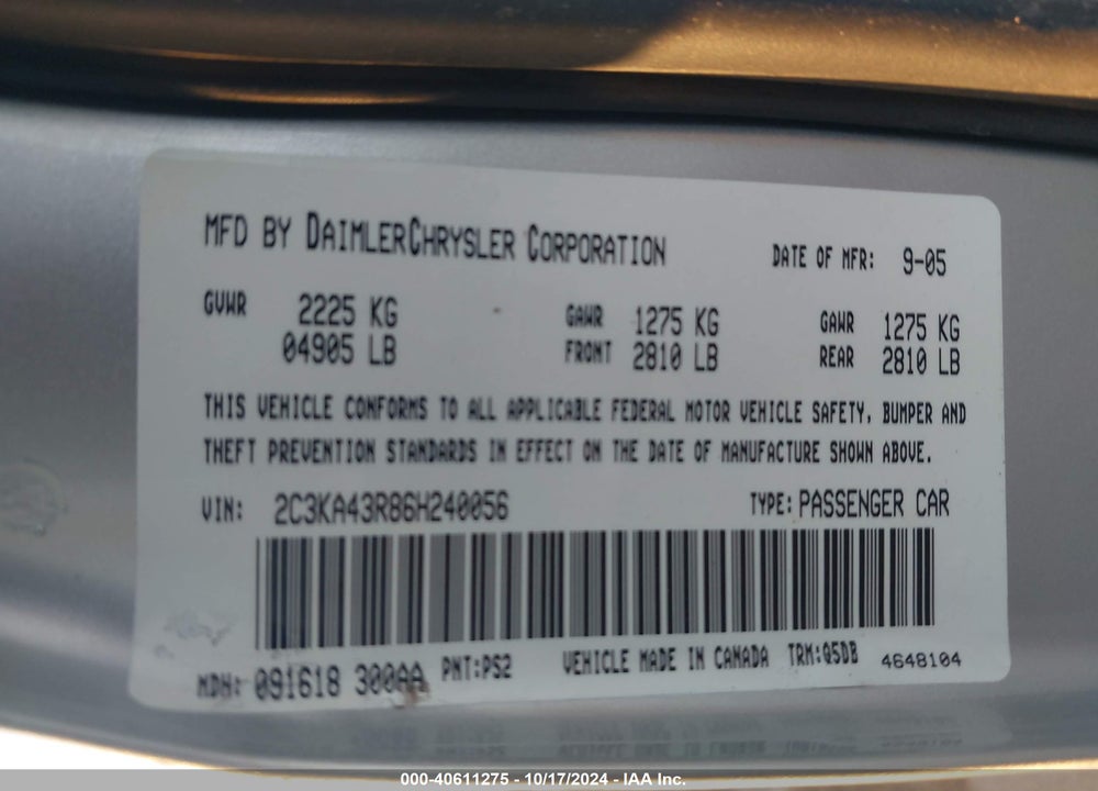 2006 CHRYSLER 300 VIN: 2C3KA43R86H240056