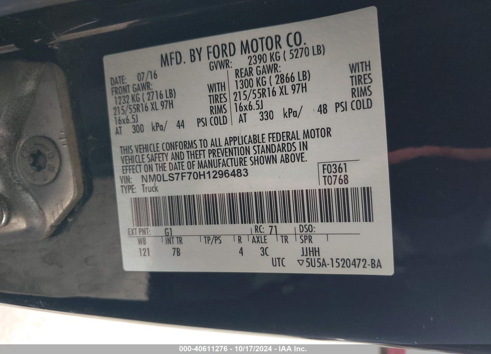 2017 FORD TRANSIT CONNECT XLT VIN: NM0LS7F70H1296483