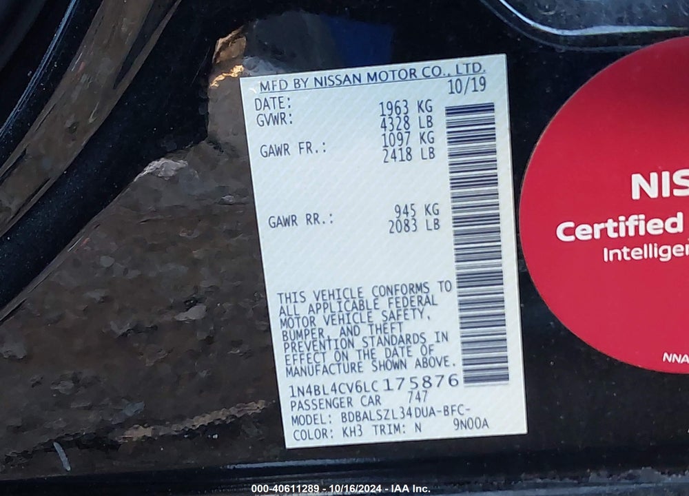 2020 NISSAN ALTIMA SR FWD VIN: 1N4BL4CV6LC175876