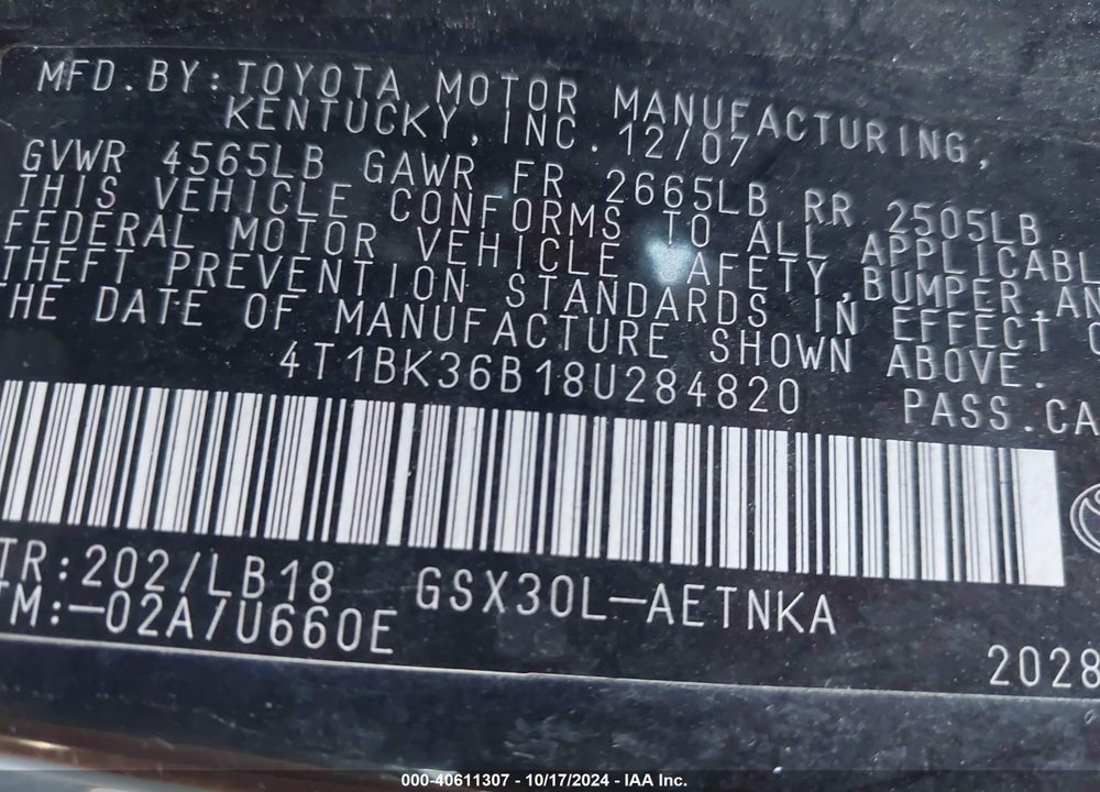 2008 TOYOTA AVALON TOURING VIN: 4T1BK36B18U284820