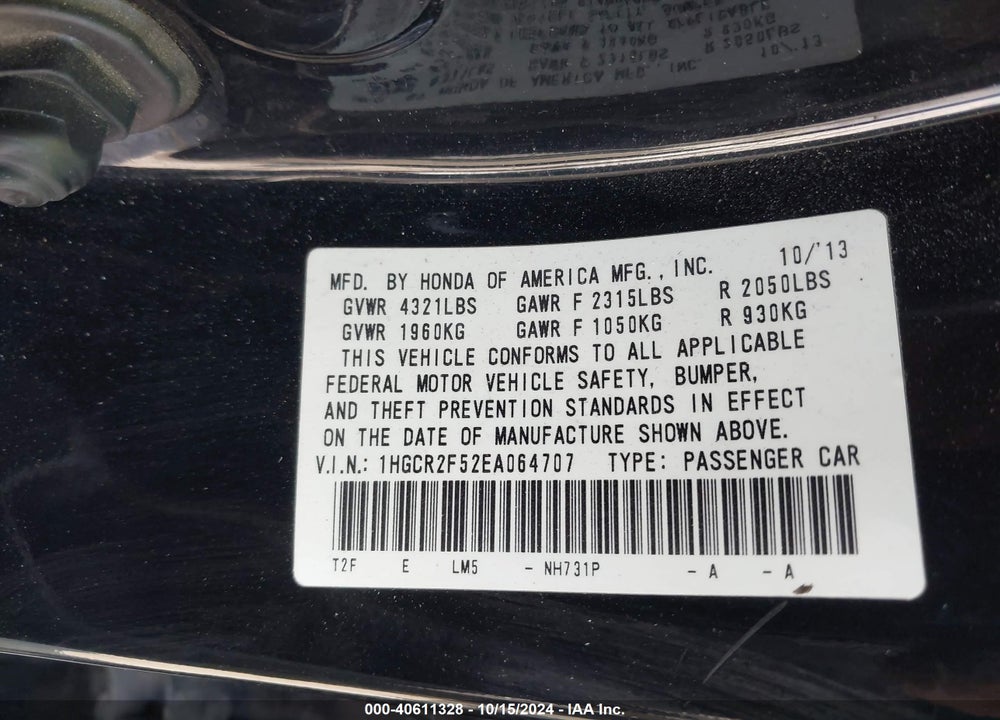 2014 HONDA ACCORD SPORT VIN: 1HGCR2F52EA064707