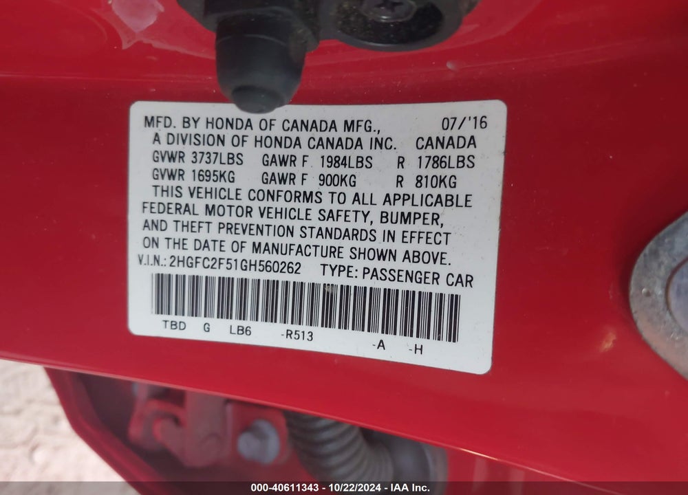 2016 HONDA CIVIC LX VIN: 2HGFC2F51GH560262