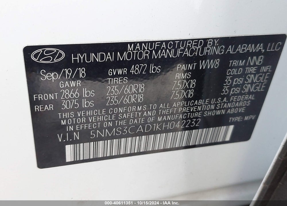 2019 HYUNDAI SANTA FE SEL PLUS VIN: 5NMS3CAD1KH042232