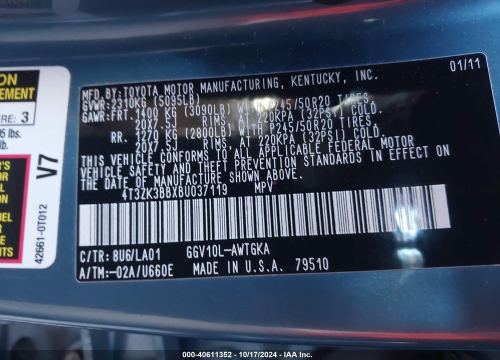 2011 TOYOTA VENZA VIN: 4T3ZK3BBXBU037119