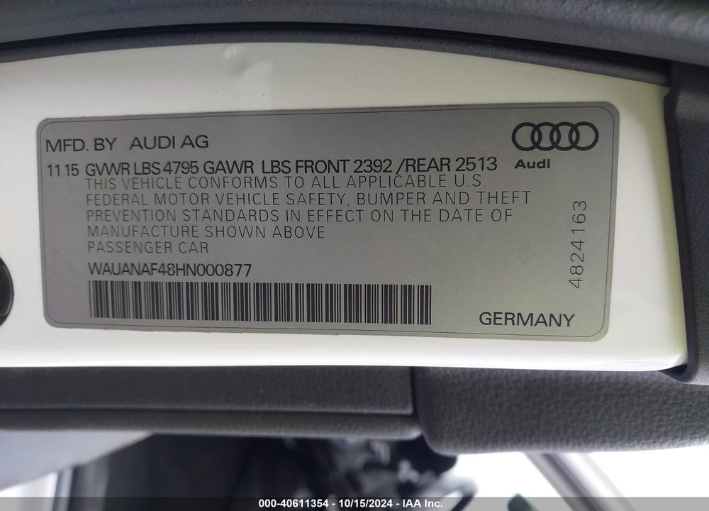 2017 AUDI A4 2.0T PREMIUM VIN: WAUANAF48HN000877