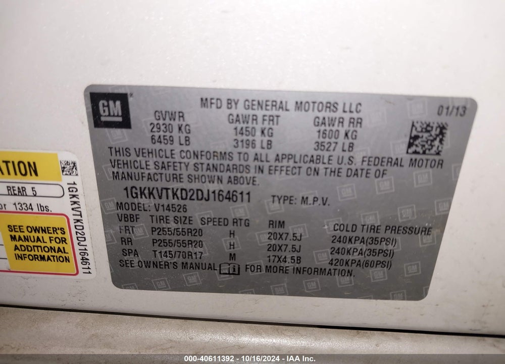 2013 GMC ACADIA DENALI VIN: 1GKKVTKD2DJ164611
