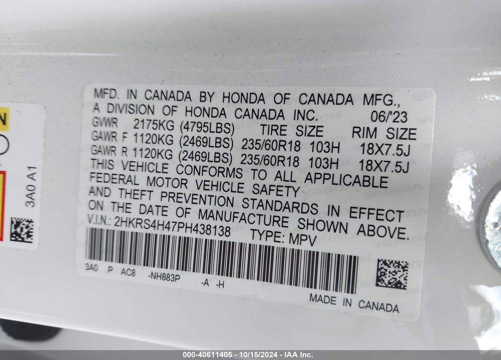 2023 HONDA CR-V EX AWD VIN: 2HKRS4H47PH438138