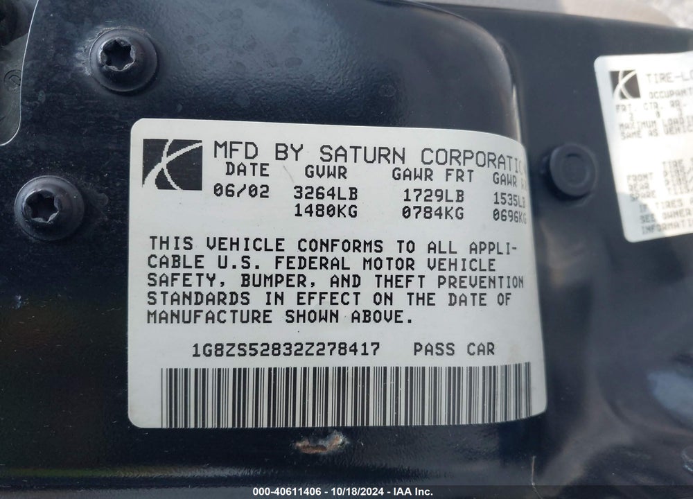 2002 SATURN S-SERIES SL VIN: 1G8ZS528327278417