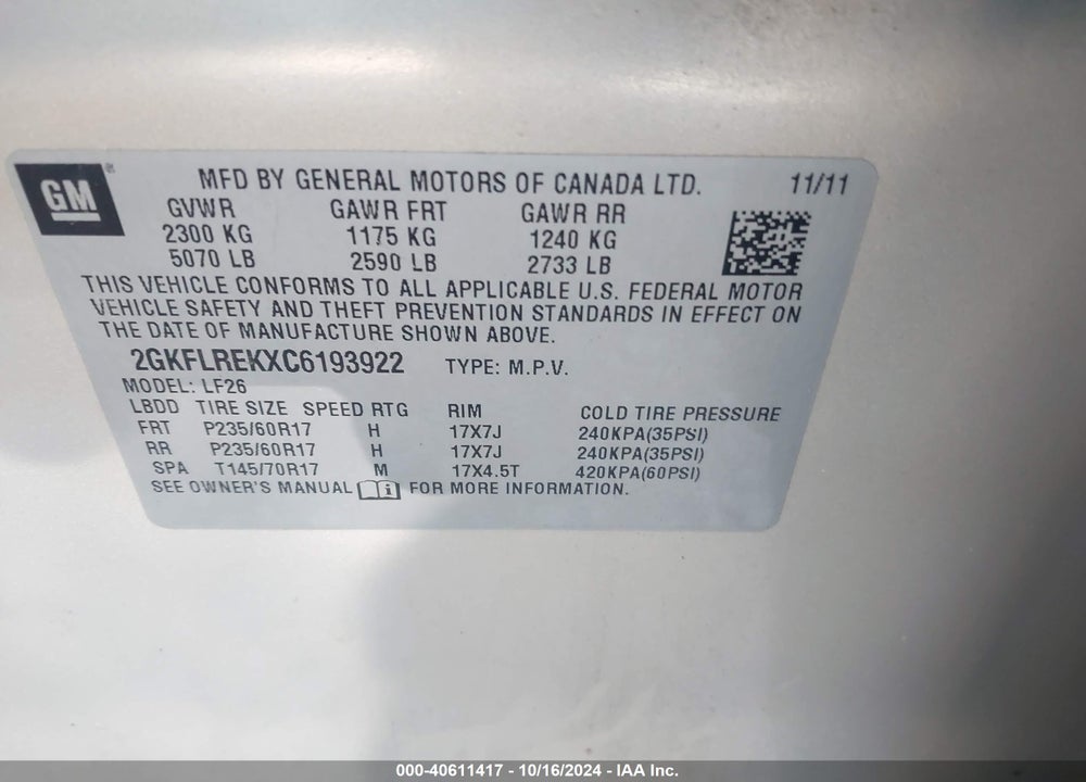 2012 GMC TERRAIN SLE-1 VIN: 2GKFLREKXC6193922