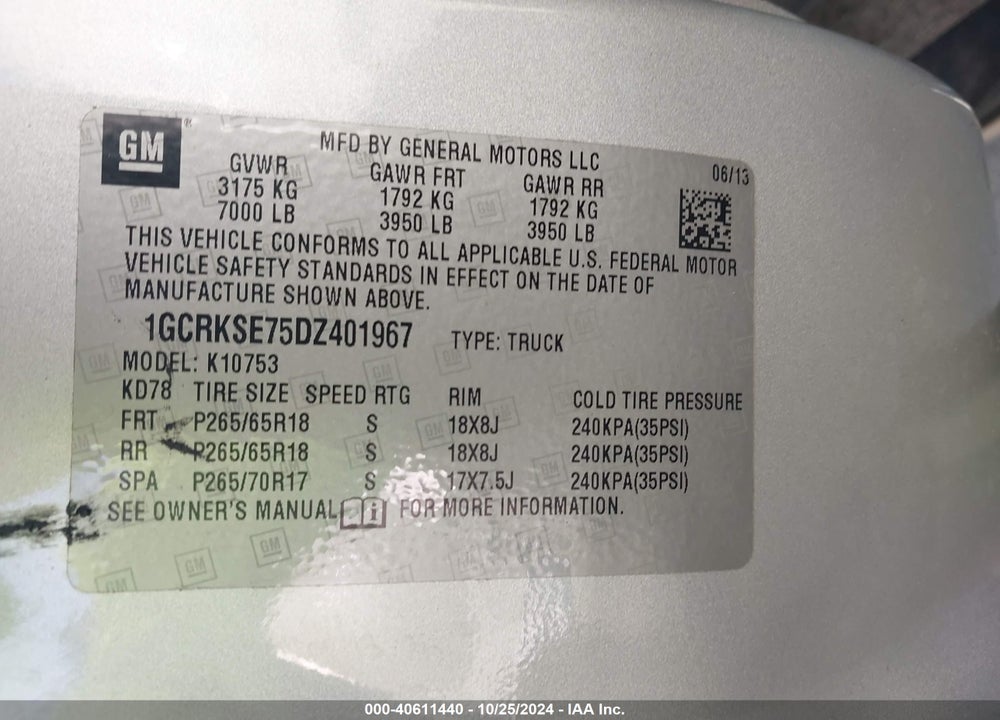 2013 CHEVROLET SILVERADO 1500 LT VIN: 1GCRKSE75DZ401967