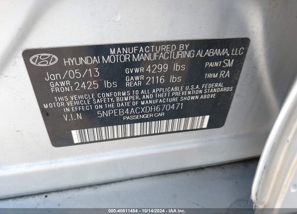 2013 HYUNDAI SONATA GLS VIN: 5NPEB4ACXDH670471