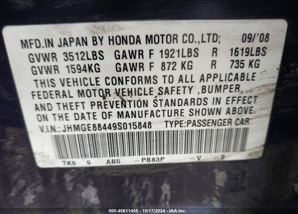 2009 HONDA FIT SPORT VIN: JHMGE88449S015848