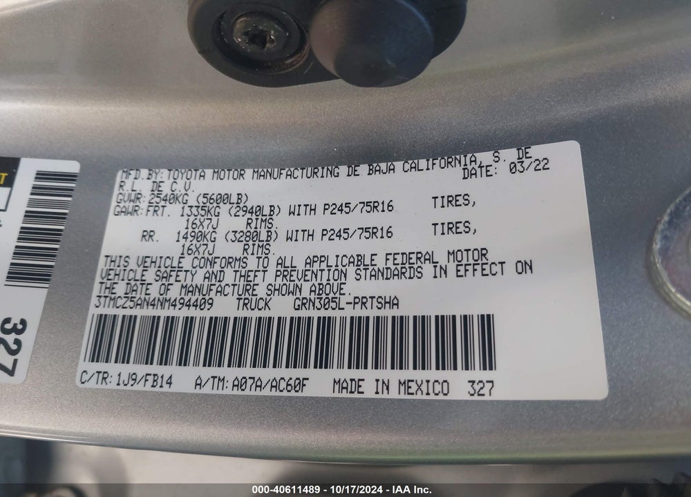2022 TOYOTA TACOMA VIN: 3TMCZ5AN4NM494409
