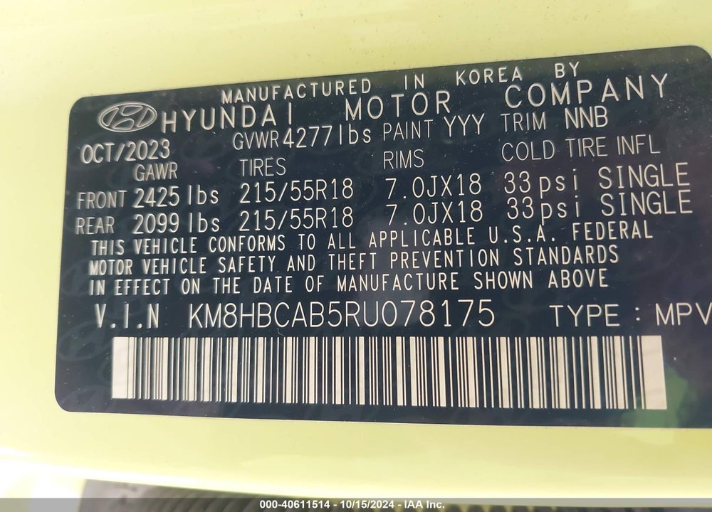 2024 HYUNDAI KONA SEL VIN: KM8HBCAB5RU078175