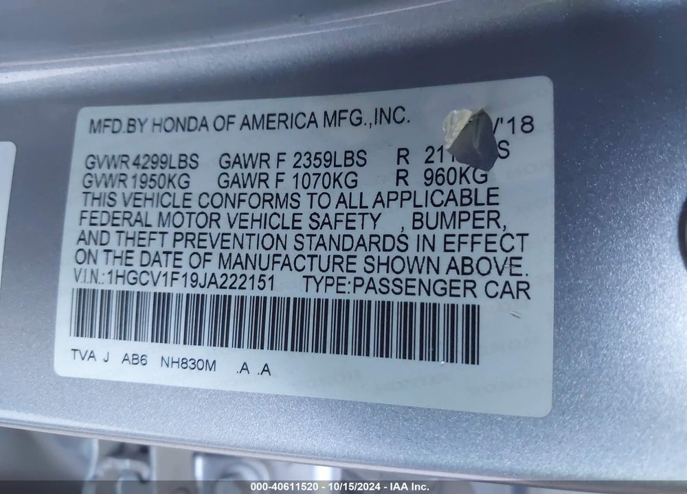 2018 HONDA ACCORD LX VIN: 1HGCV1F19JA222151
