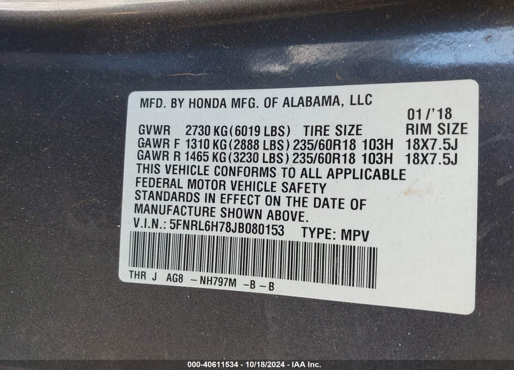 2018 HONDA ODYSSEY EX-L VIN: 5FNRL6H78JB080153